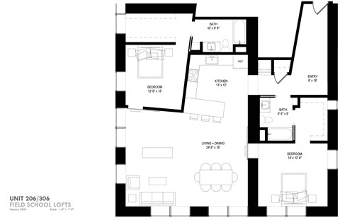 Floor plan for 2 beds, 2 baths, 1416 sqft